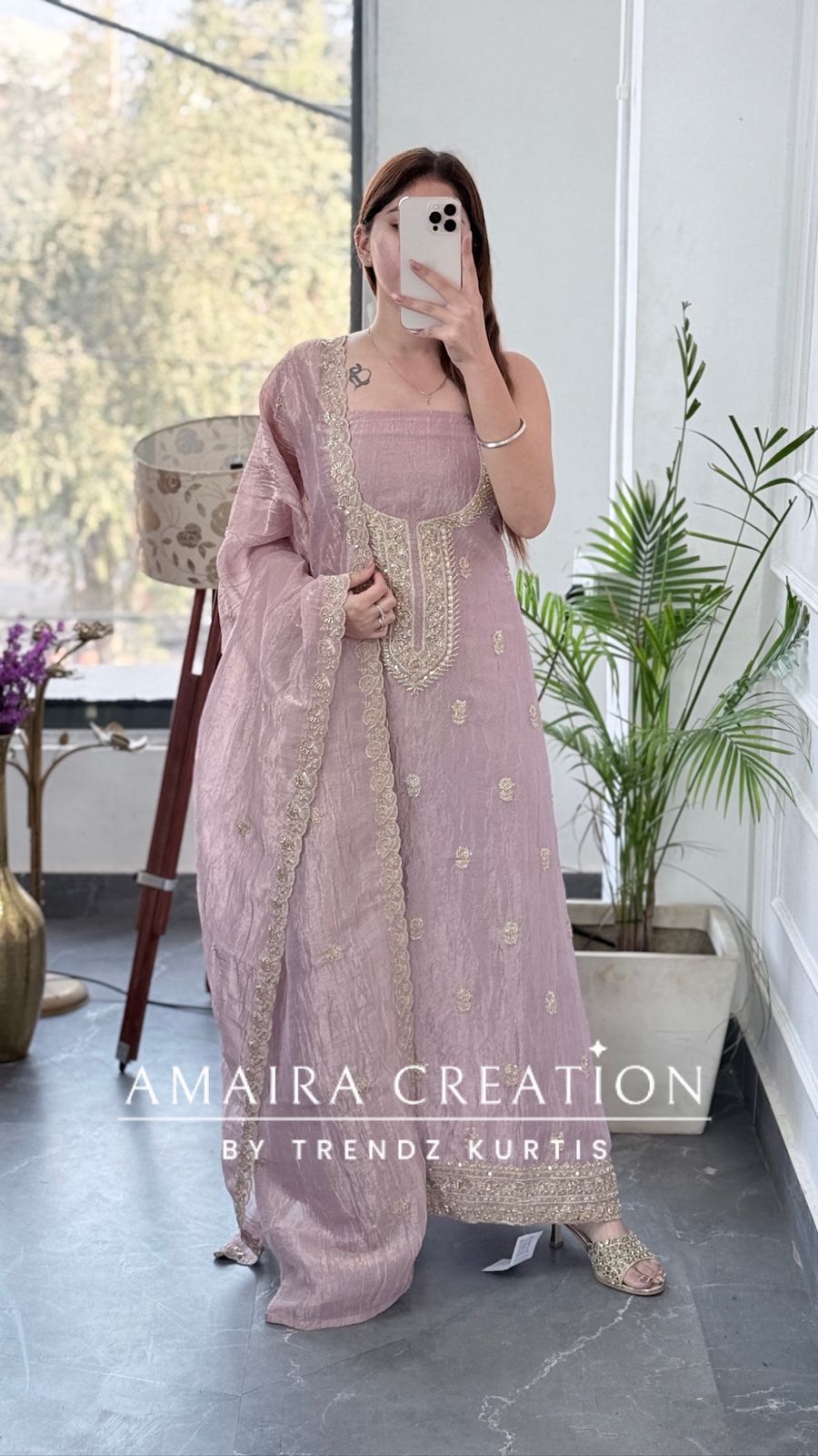 Premium Fendi Fabric Mauve Color Gold Toned Zari, Sequins & Bead Embroidered Unstitched Suit