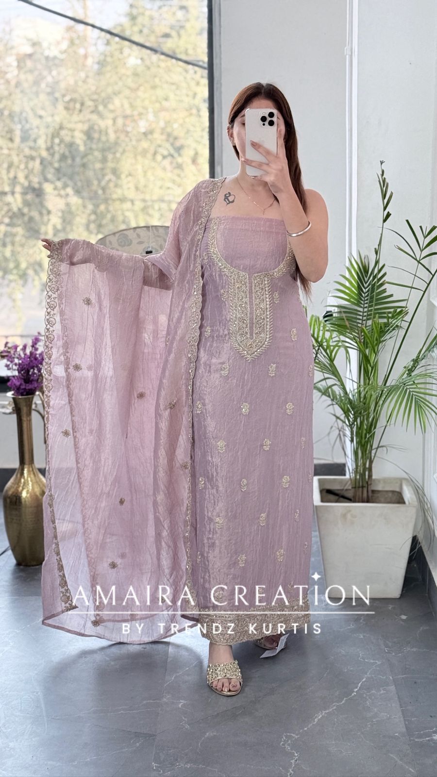 Premium Fendi Fabric Mauve Color Gold Toned Zari, Sequins & Bead Embroidered Unstitched Suit