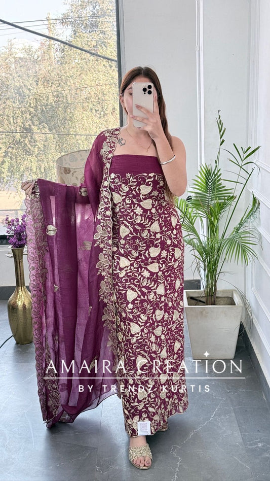 Premium Glass Tissue Wine  Zari Work Unstitched Set