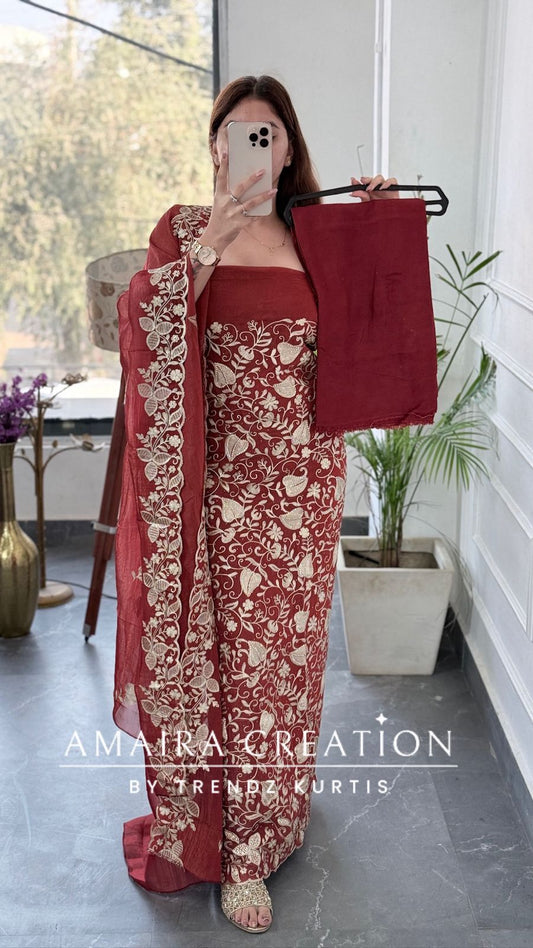 Premium Glass Tissue Rust Zari Work Unstitched Set