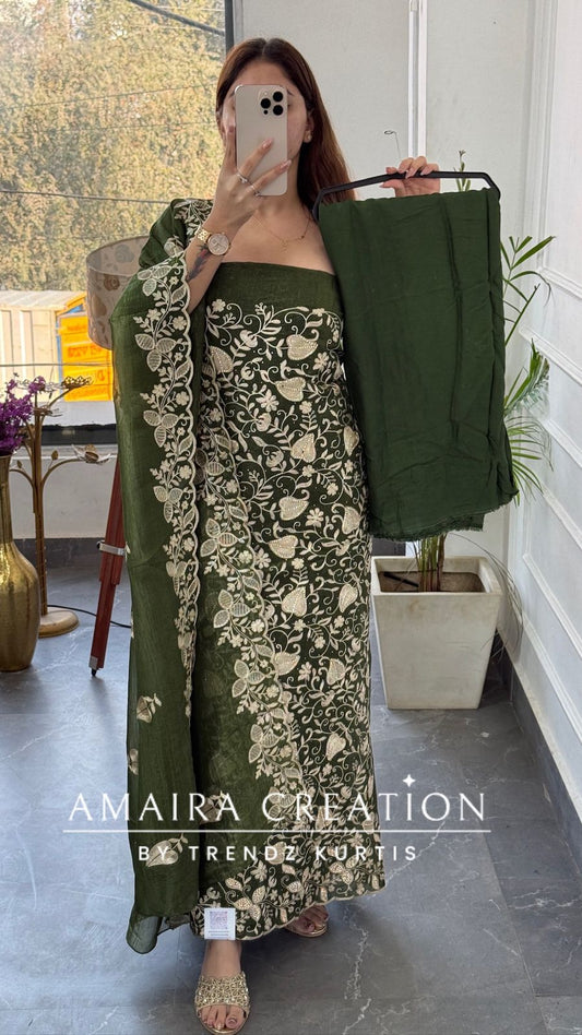 Premium Glass Tissue Green Zari Work Unstitched Set