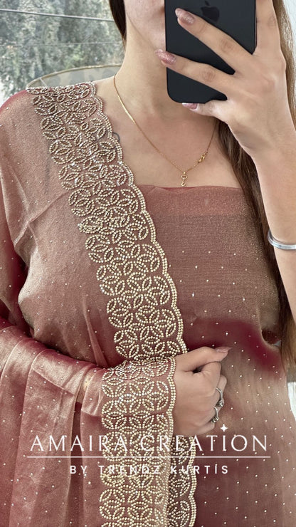 Premium Shimmer Silk Peach Color Sequin Emblishment Unstitched Suit