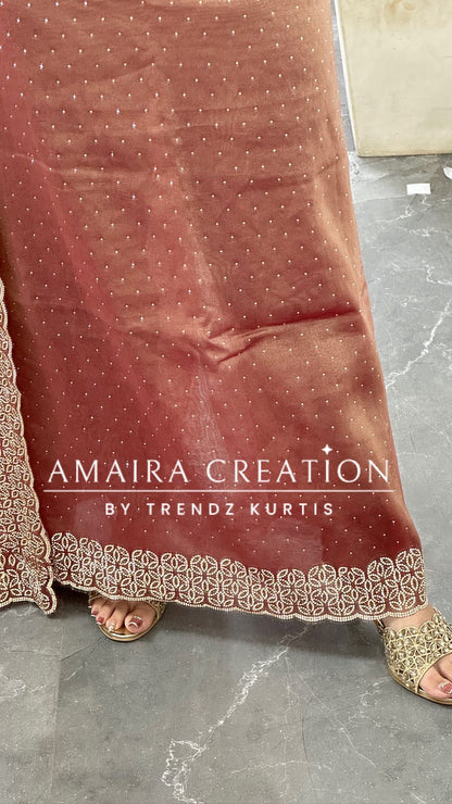 Premium Shimmer Silk Peach Color Sequin Emblishment Unstitched Suit