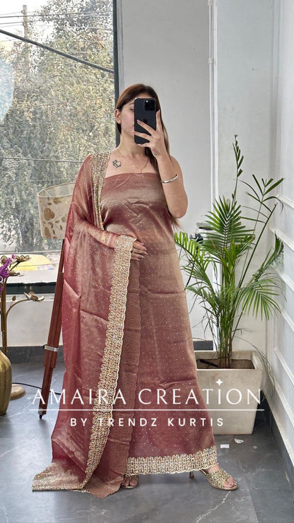 Premium Shimmer Silk Peach Color Sequin Emblishment Unstitched Suit