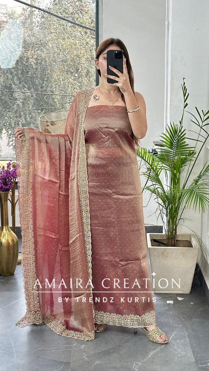 Premium Shimmer Silk Peach Color Sequin Emblishment Unstitched Suit