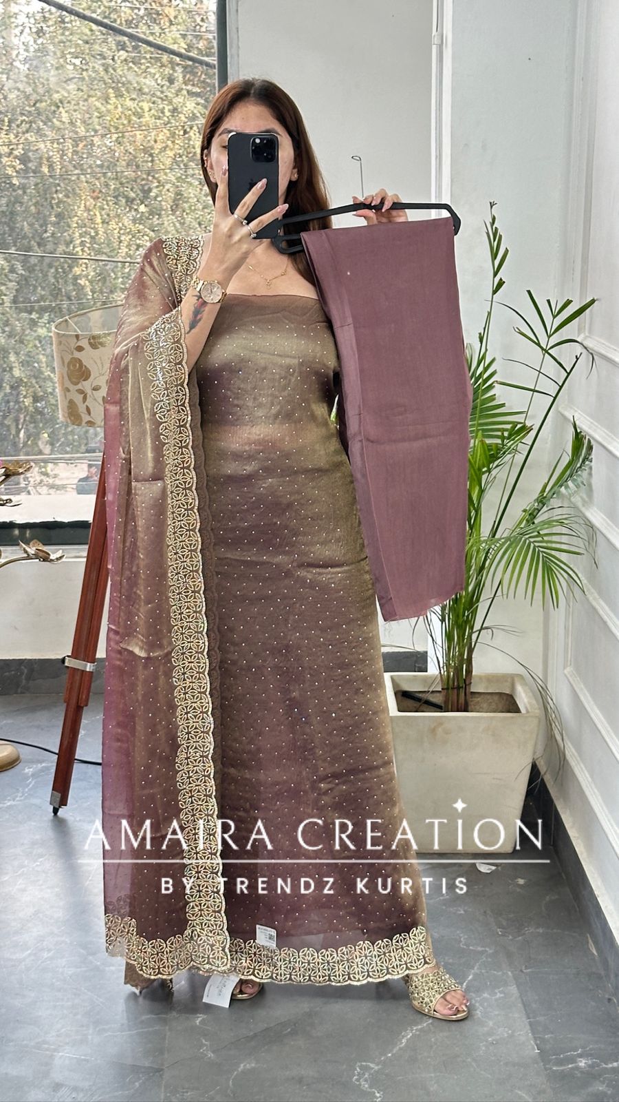 Premium Shimmer Silk Dark Onion Color Sequin Emblishment Unstitched Suit