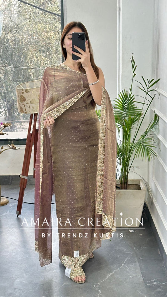 Premium Shimmer Silk Dark Onion Color Sequin Emblishment Unstitched Suit