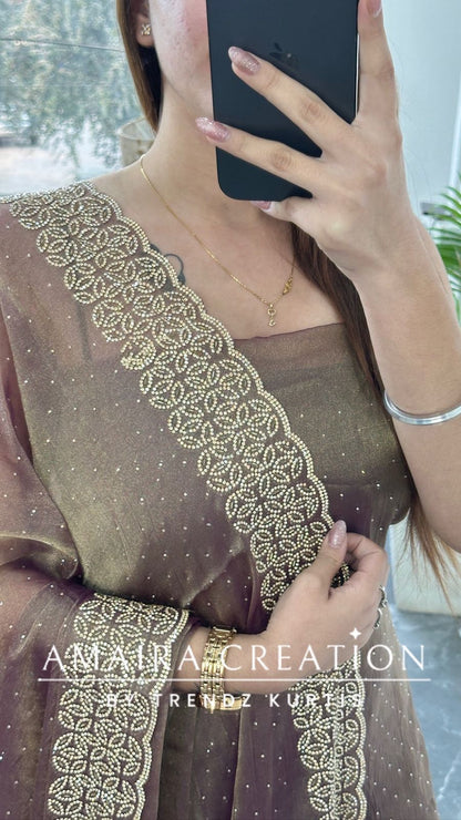 Premium Shimmer Silk Dark Onion Color Sequin Emblishment Unstitched Suit