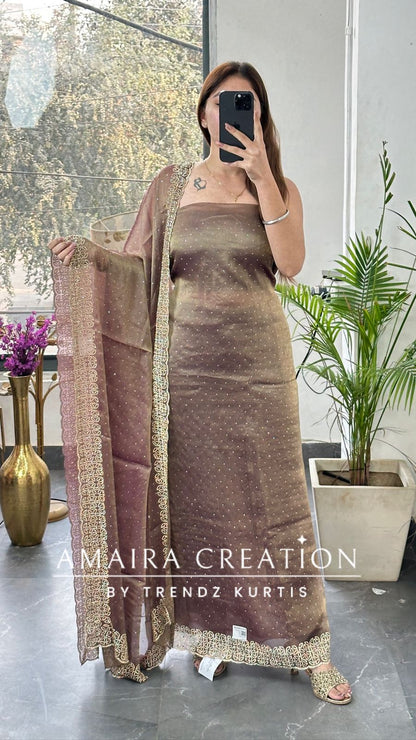 Premium Shimmer Silk Dark Onion Color Sequin Emblishment Unstitched Suit