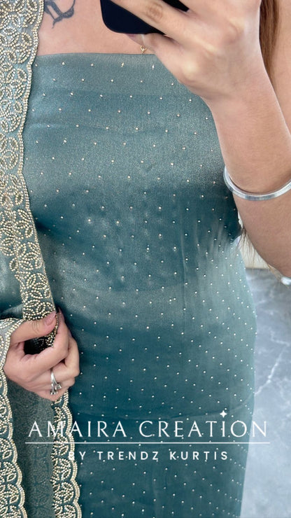 Premium Shimmer Silk Sea Green Color Sequin Emblishment Unstitched Suit