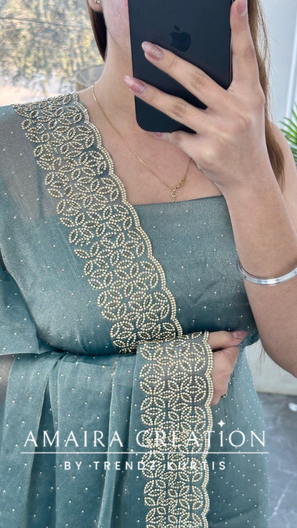 Premium Shimmer Silk Sea Green Color Sequin Emblishment Unstitched Suit