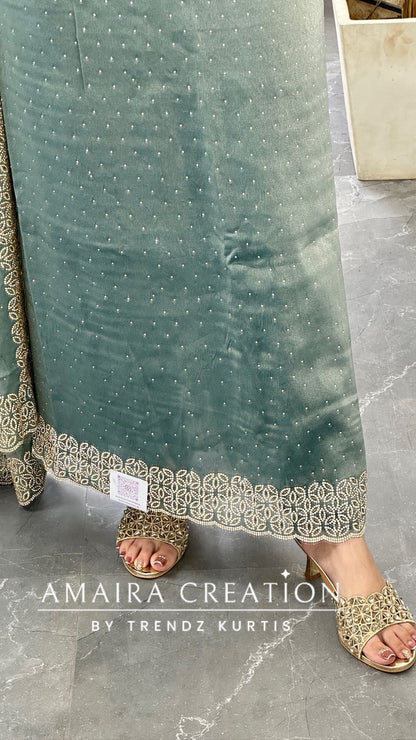 Premium Shimmer Silk Sea Green Color Sequin Emblishment Unstitched Suit