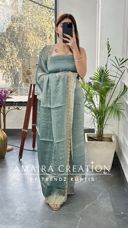 Premium Shimmer Silk Sea Green Color Sequin Emblishment Unstitched Suit