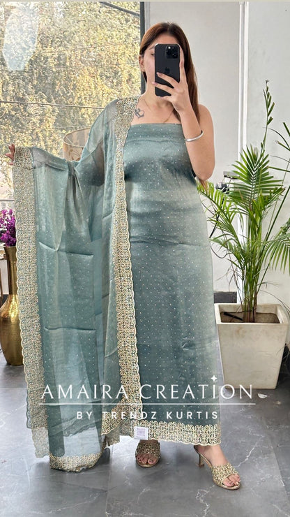 Premium Shimmer Silk Sea Green Color Sequin Emblishment Unstitched Suit