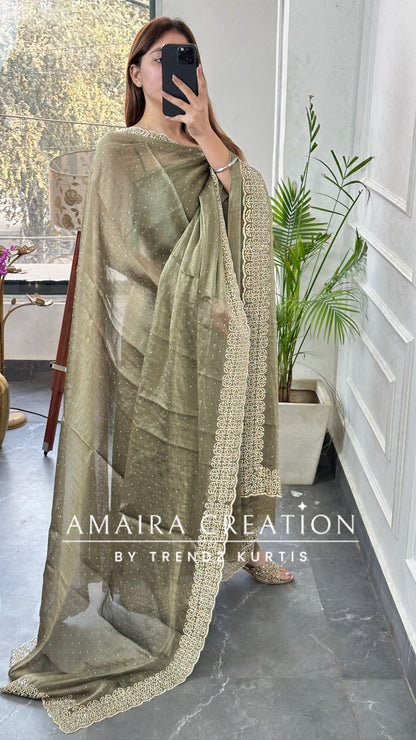 Premium Shimmer Silk Light Aqua Color Sequin Emblishment Unstitched Suit