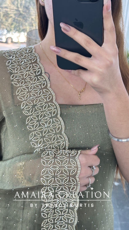 Premium Shimmer Silk Light Aqua Color Sequin Emblishment Unstitched Suit