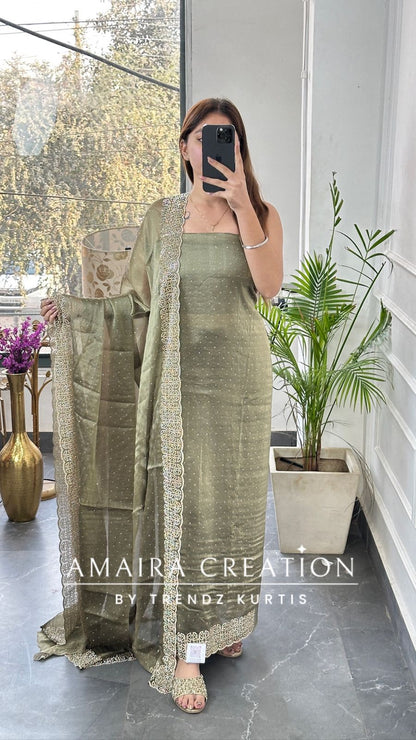 Premium Shimmer Silk Light Aqua Color Sequin Emblishment Unstitched Suit