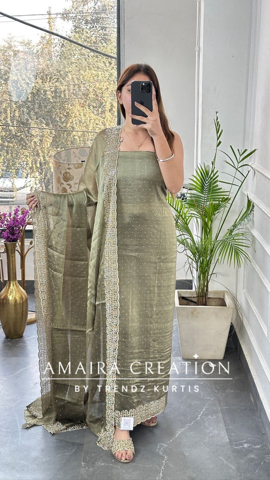 Premium Shimmer Silk Light Aqua Color Sequin Emblishment Unstitched Suit