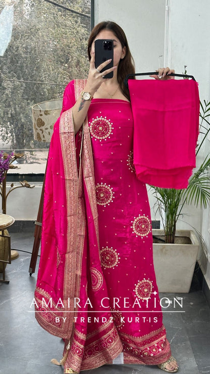 Premium Crepe Fabric Rani Pink Color Unstitched Suit With Beautiful Banarasi Dupatta