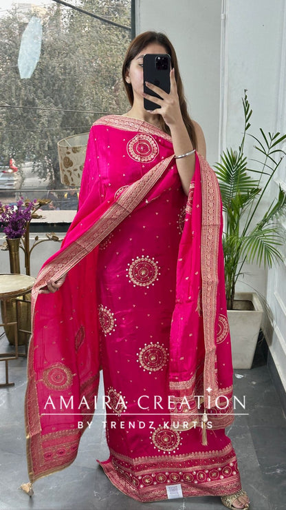 Premium Crepe Fabric Rani Pink Color Unstitched Suit With Beautiful Banarasi Dupatta