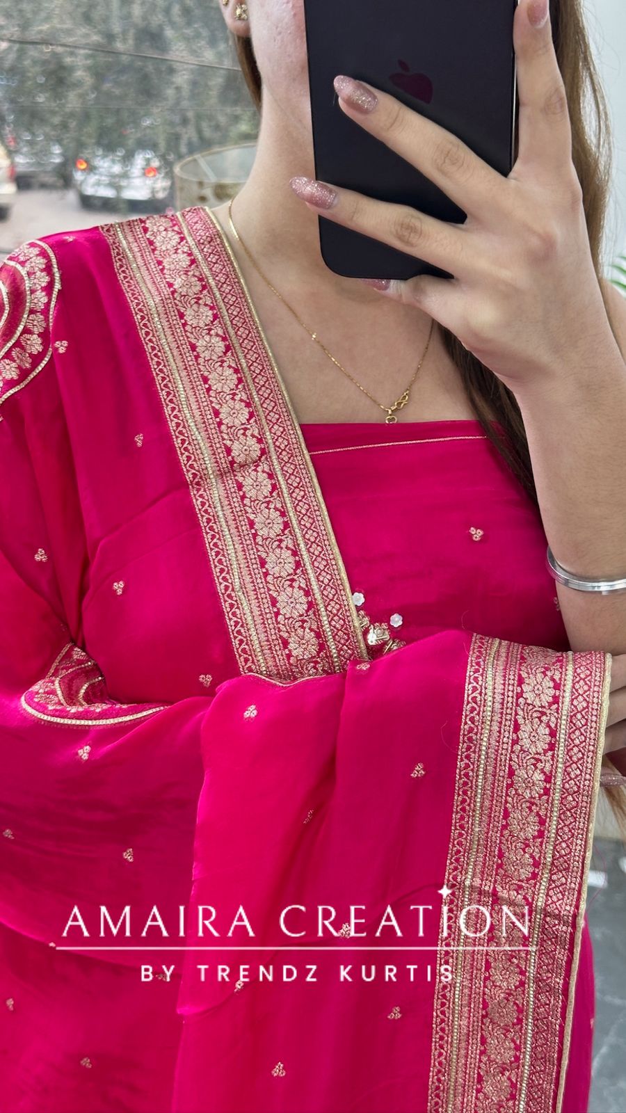 Premium Crepe Fabric Rani Pink Color Unstitched Suit With Beautiful Banarasi Dupatta