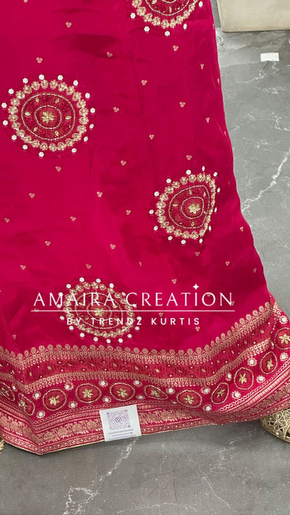 Premium Crepe Fabric Rani Pink Color Unstitched Suit With Beautiful Banarasi Dupatta