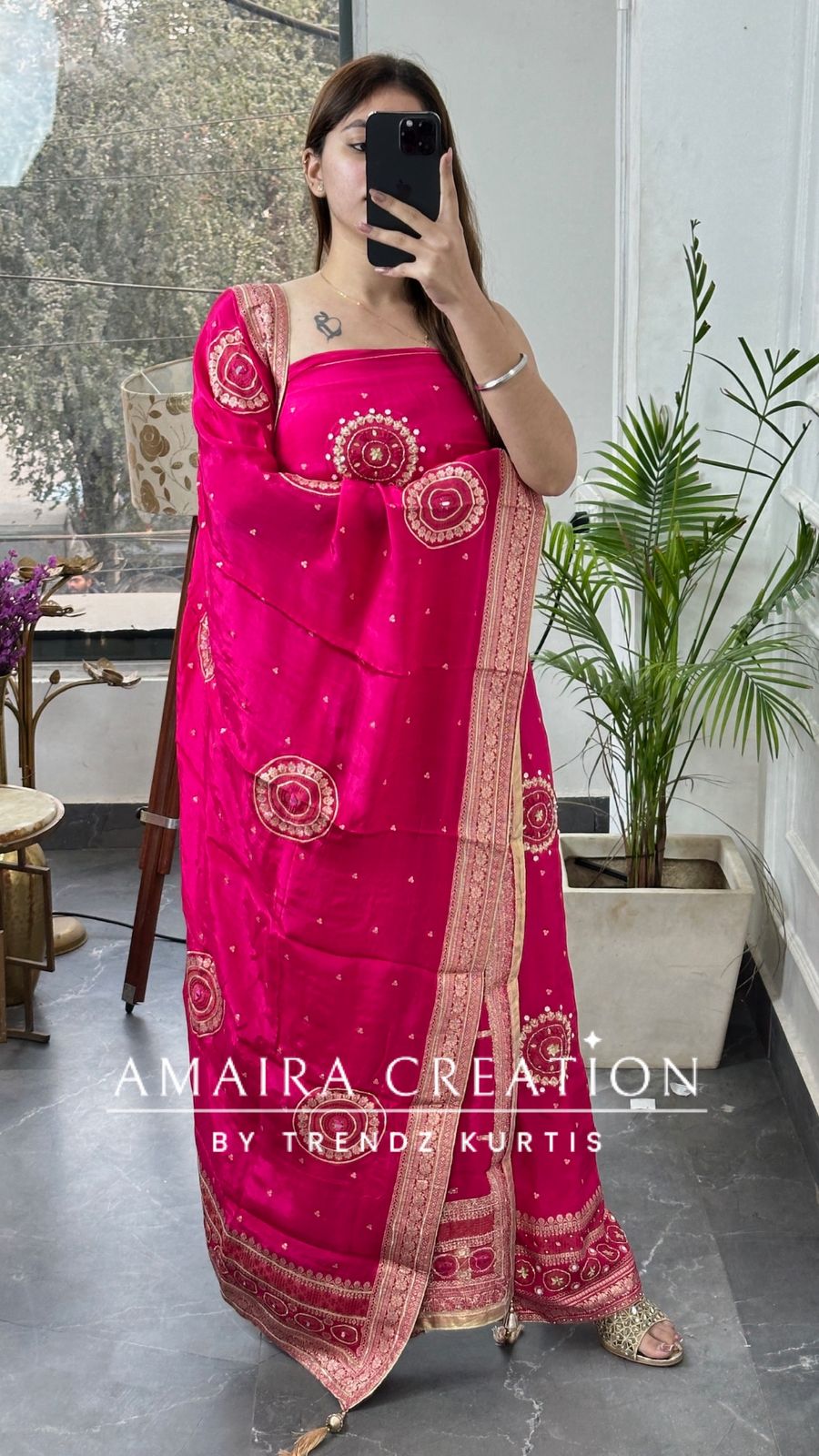 Premium Crepe Fabric Rani Pink Color Unstitched Suit With Beautiful Banarasi Dupatta