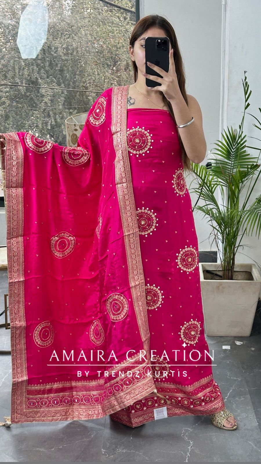 Premium Crepe Fabric Rani Pink Color Unstitched Suit With Beautiful Banarasi Dupatta