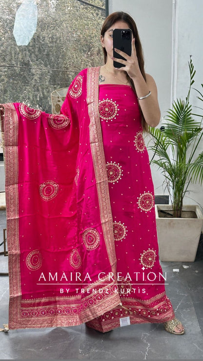 Premium Crepe Fabric Rani Pink Color Unstitched Suit With Beautiful Banarasi Dupatta