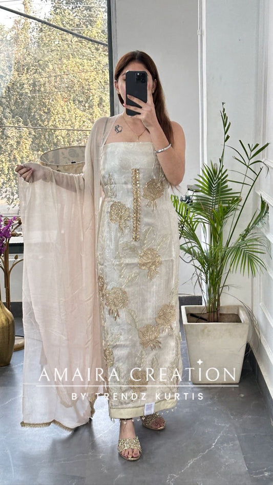 Premium Glass Tissue Cream Color Unstitched Suit With Chiffon Dupatta
