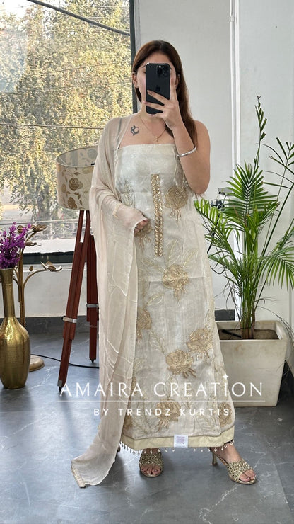 Premium Glass Tissue Cream Color Unstitched Suit With Chiffon Dupatta