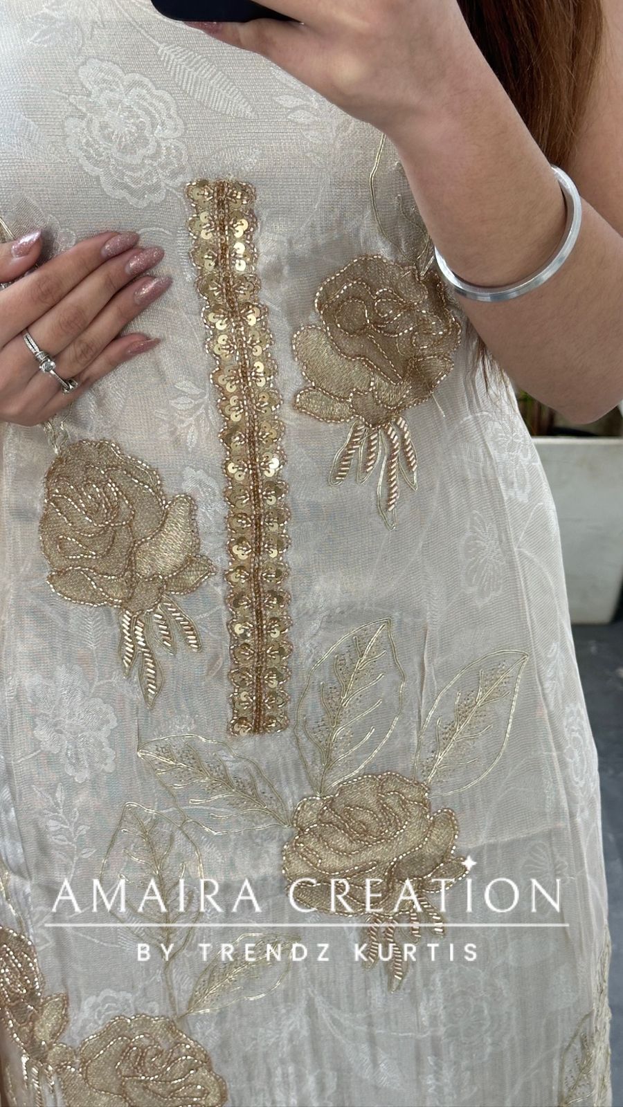 Premium Glass Tissue Cream Color Unstitched Suit With Chiffon Dupatta