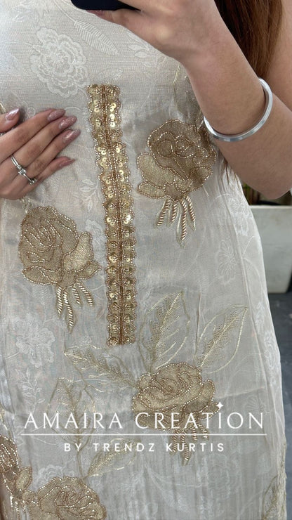 Premium Glass Tissue Cream Color Unstitched Suit With Chiffon Dupatta