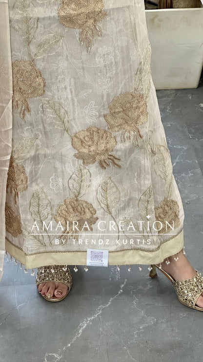 Premium Glass Tissue Cream Color Unstitched Suit With Chiffon Dupatta