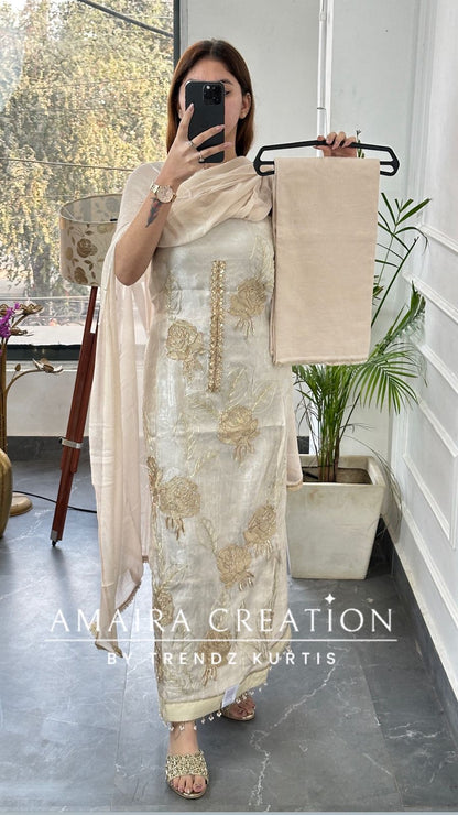 Premium Glass Tissue Cream Color Unstitched Suit With Chiffon Dupatta