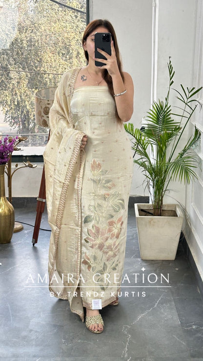 Premiums glass tissue Cream Color Beautiful Work Unstitch Suit