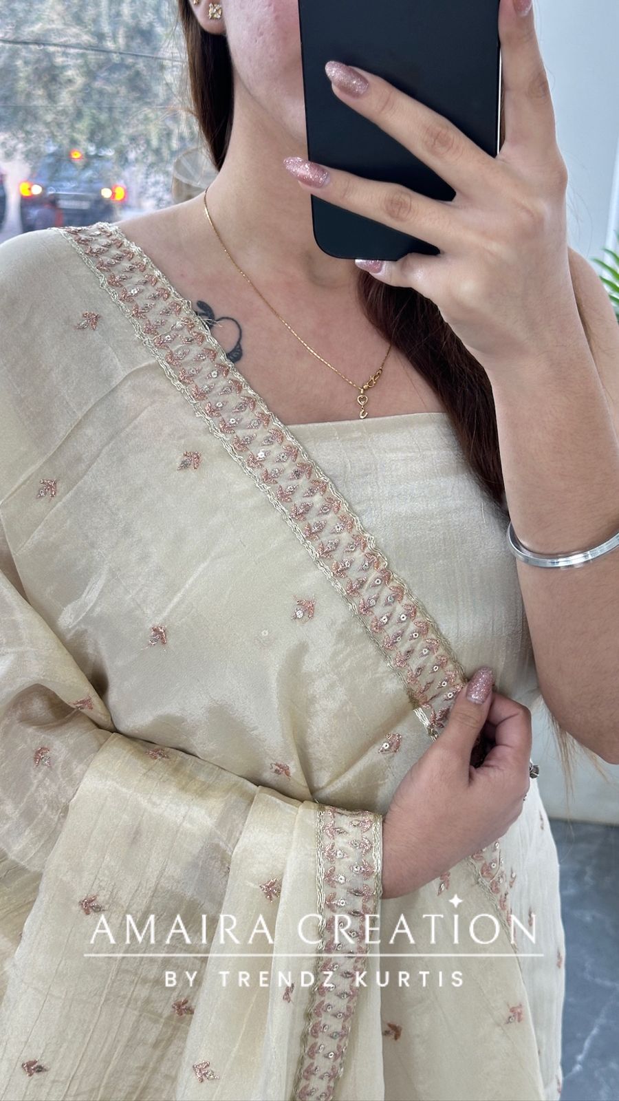 Premiums glass tissue Cream Color Beautiful Work Unstitch Suit