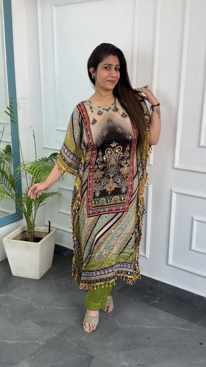 Premium Chinnon Parrot Green Colour Kaftan Set