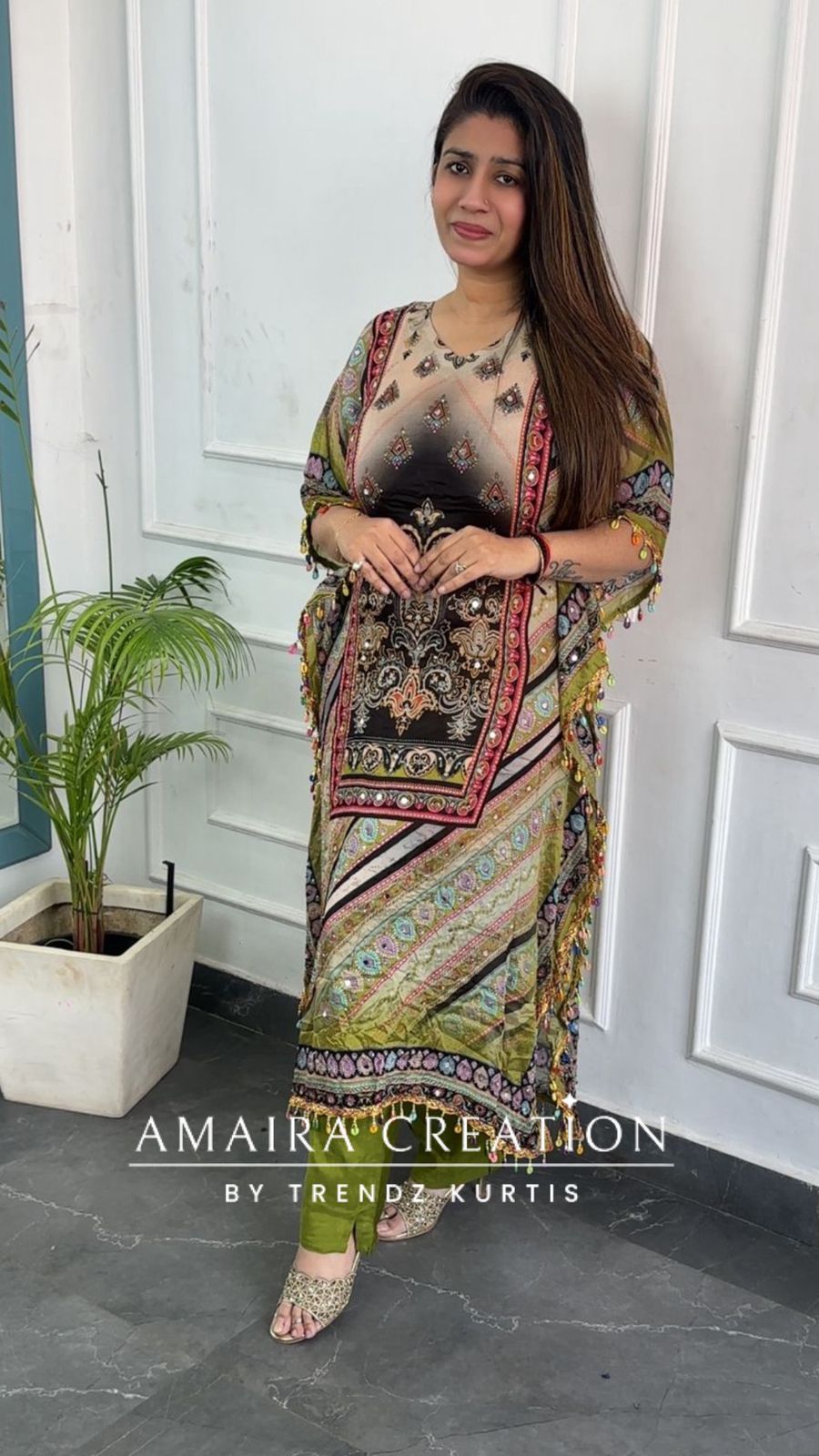 Premium Chinnon Parrot Green Colour Kaftan Set