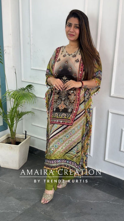 Premium Chinnon Parrot Green Colour Kaftan Set