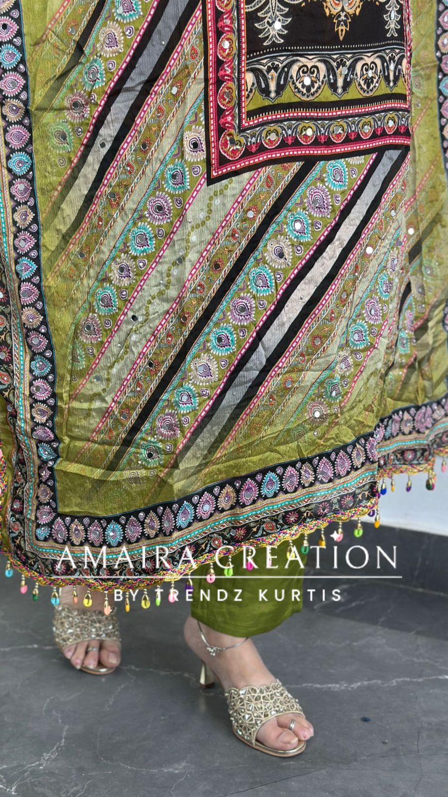 Premium Chinnon Parrot Green Colour Kaftan Set
