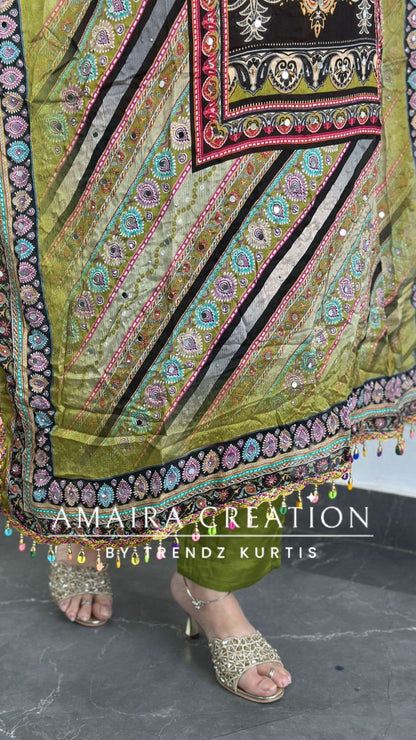 Premium Chinnon Parrot Green Colour Kaftan Set