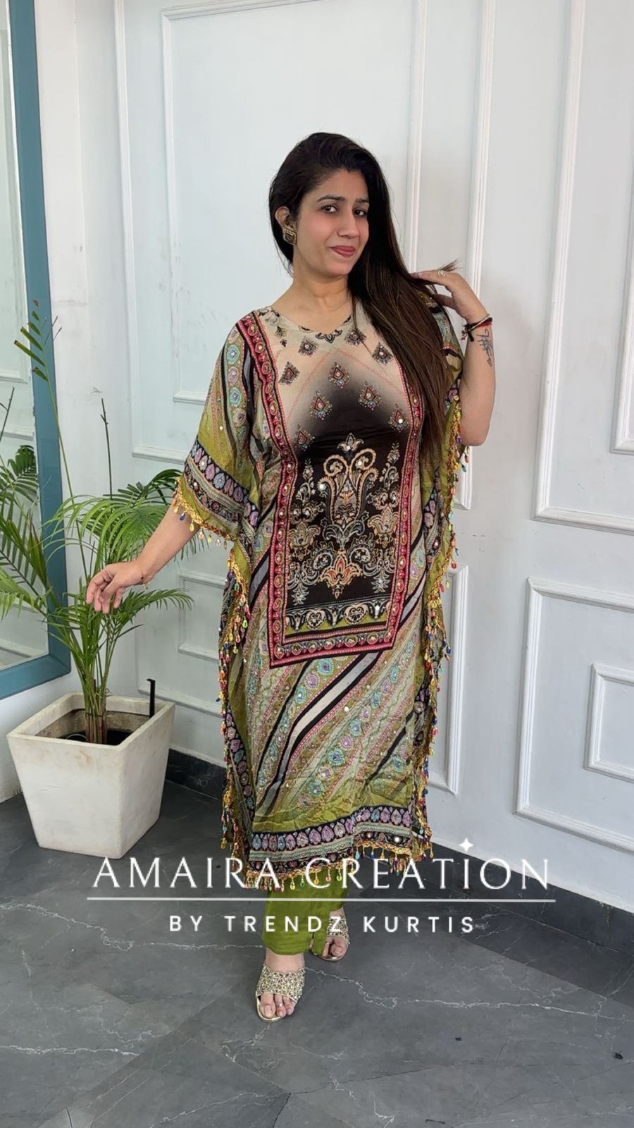 Premium Chinnon Parrot Green Colour Kaftan Set