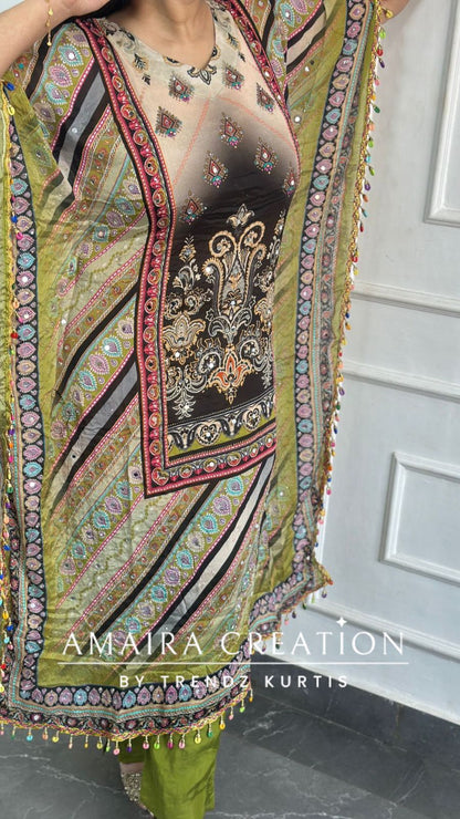 Premium Chinnon Parrot Green Colour Kaftan Set