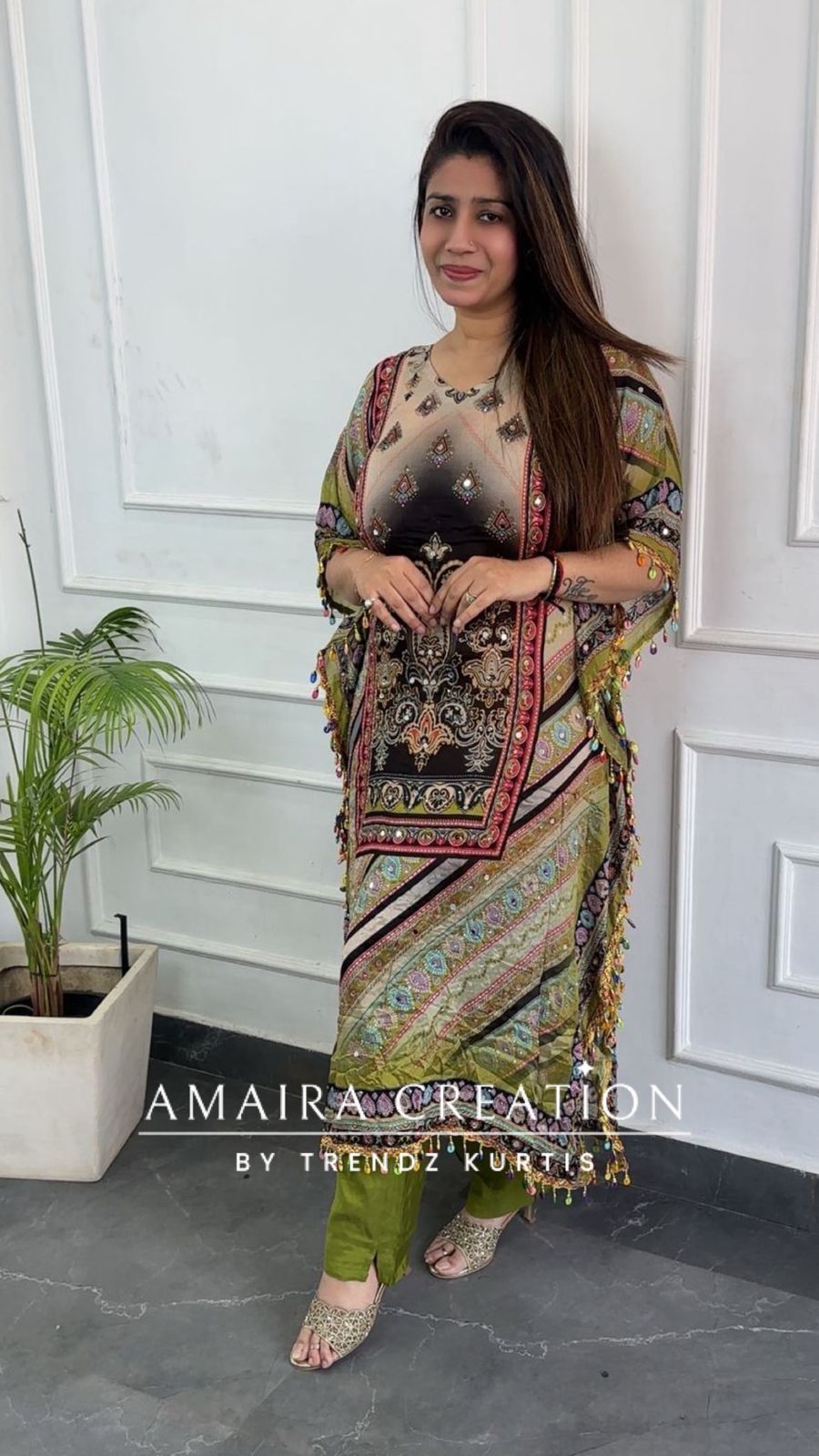 Premium Chinnon Parrot Green Colour Kaftan Set