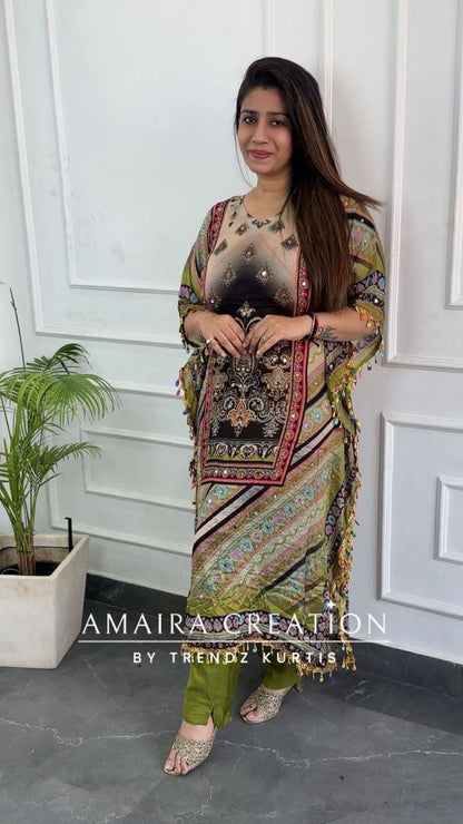 Premium Chinnon Parrot Green Colour Kaftan Set