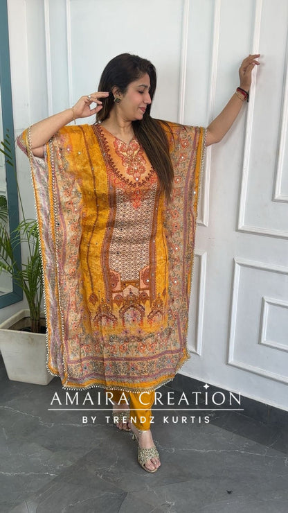 Premium Chinnon Mustard Colour Kaftan Set