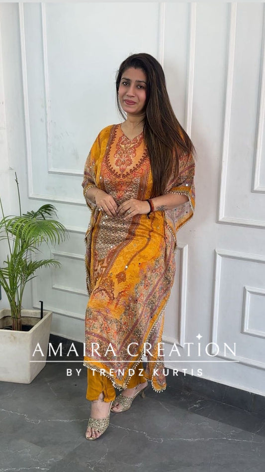 Premium Chinnon Mustard Colour Kaftan Set