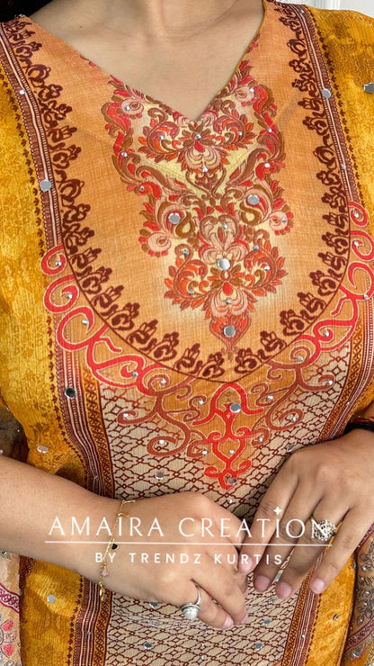 Premium Chinnon Mustard Colour Kaftan Set