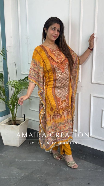 Premium Chinnon Mustard Colour Kaftan Set
